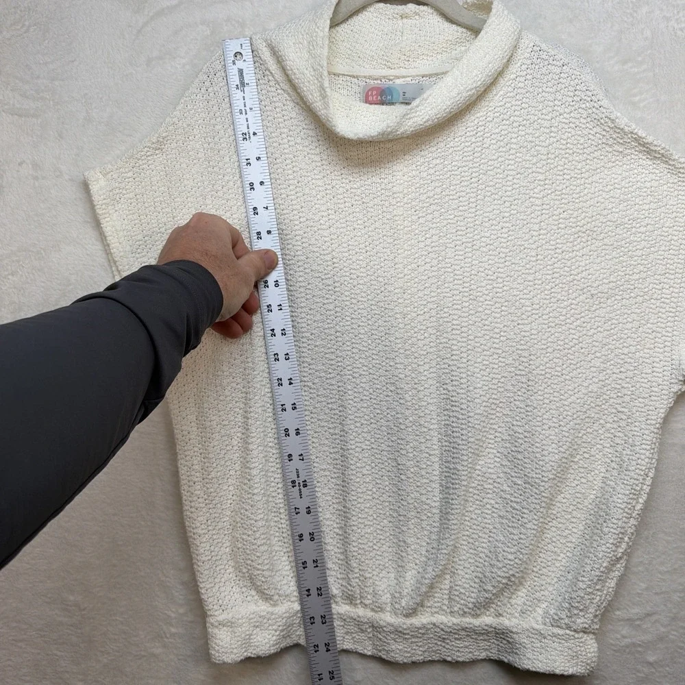 Free People Cream Short Sleeve Textured Cowl Pullover